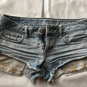 American Eagle Light Blue Denim Shorts Star Pockets Size 2